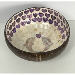 Coconut Shell Bowl Dolphin Purple‎ Hearts Mother of Pearl Handcraft Trinket Dish